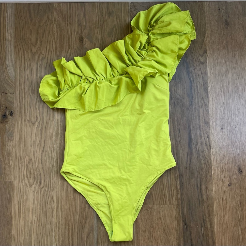 NWT ZARA ruffle one shoulder lime green one piece swimsuit size Large